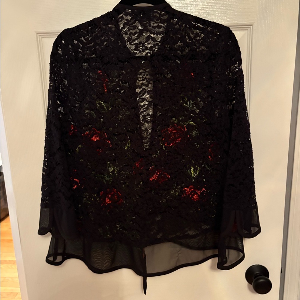 Joseph Ribkoff Black Lace Jacket with Red and Green Floral Design - Picture 3 of 7